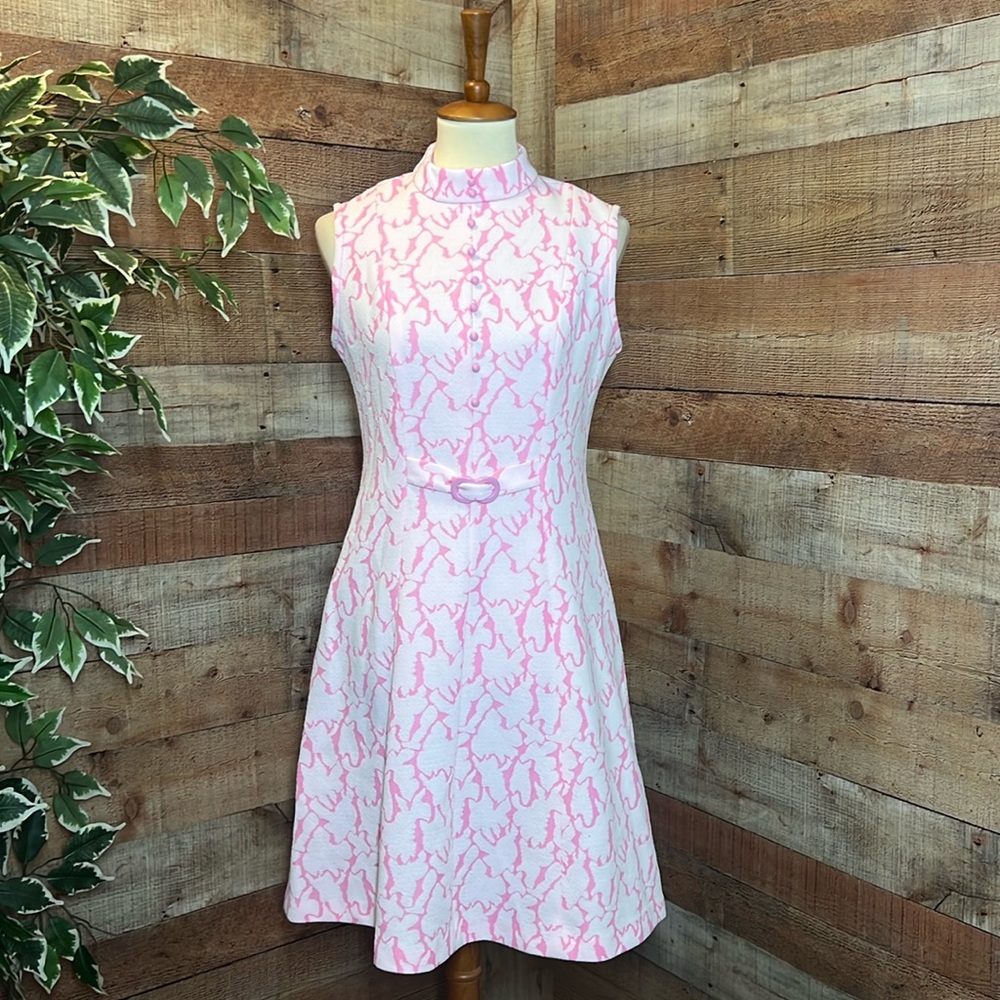 SEARS 1960’s Pink Print Sleeveless Polyester Vintage Dress